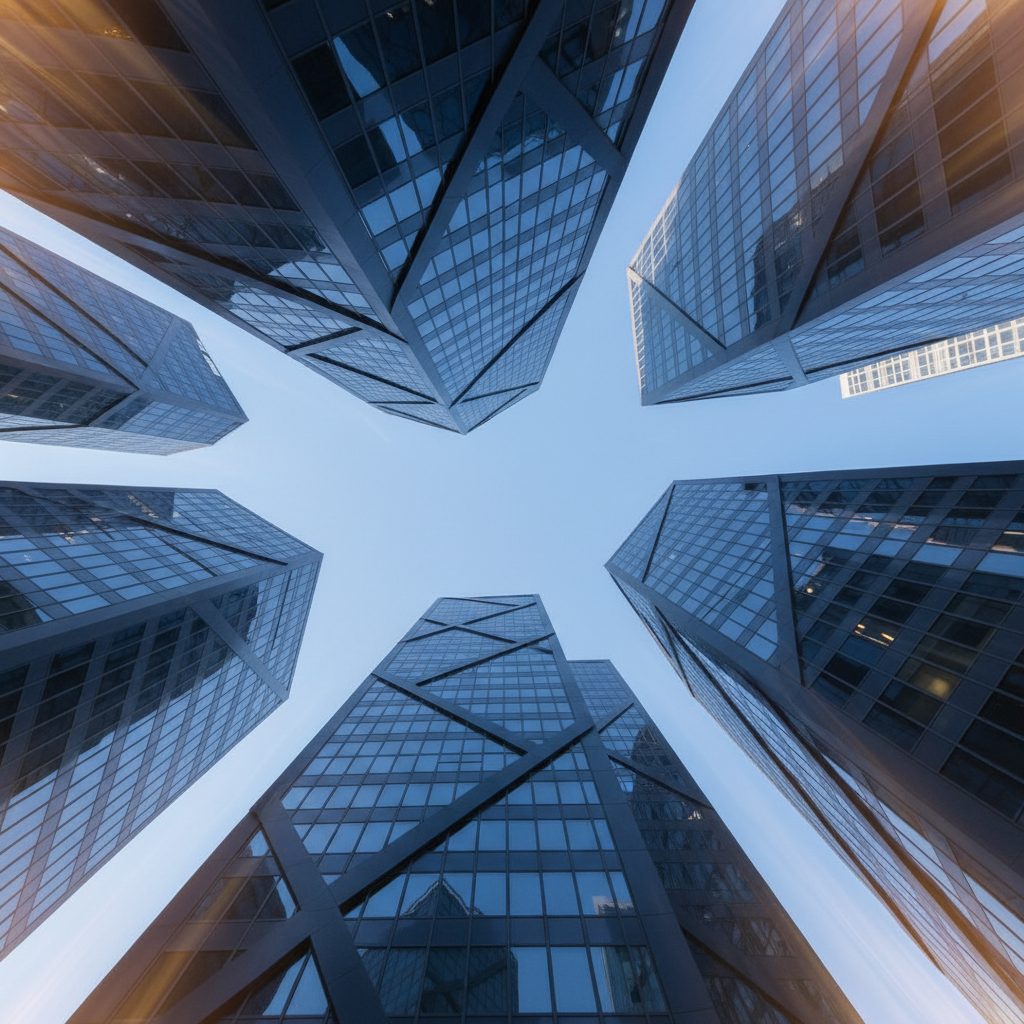 Looking up at modern glass office towers
